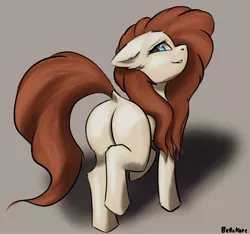 Size: 1993x1869 | Tagged: suggestive, artist:korenav, oc, oc:prima facie, unofficial characters only, earth pony, pony, butt, dock, ear down, earth pony oc, female, image, jpeg, looking back, mare, plot, raised hoof, raised leg, signature, solo, tail aside