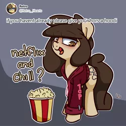 Size: 1500x1500 | Tagged: safe, artist:lou, derpibooru import, oc, oc:louvely, unofficial characters only, earth pony, pony, clothes, dialogue, female, food, hoodie, image, jpeg, looking at you, netflix and chill, popcorn, smiling, solo, solo female