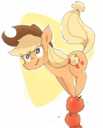 Size: 1286x1600 | Tagged: safe, artist:nendo, banned from derpibooru, deleted from derpibooru, derpibooru import, applejack, earth pony, pony, abstract background, apple, applejack's hat, balancing, cowboy hat, female, food, hat, image, nervous, png, raised tail, shrunken pupils, silly, silly pony, solo, sweat, tail, wavy mouth, wide eyes