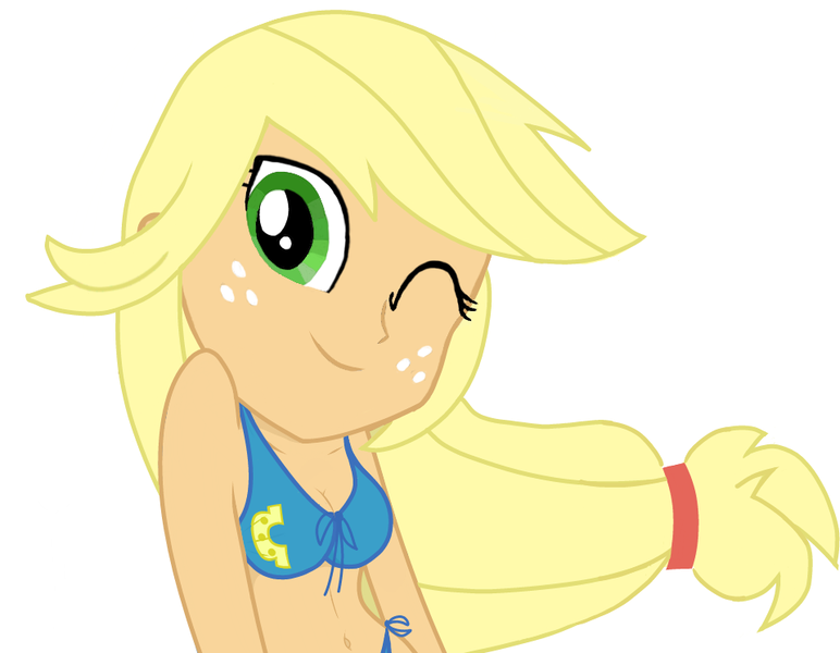 Size: 959x745 | Tagged: artist needed, safe, applejack, equestria girls, equestria girls (movie), bikini, bikini top, clothes, image, one eye closed, png, simple background, solo, swimsuit, swimsuit edit, white background, wink, wondercolts uniform