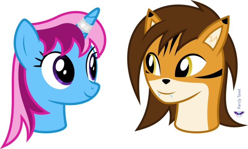 Size: 6639x4000 | Tagged: safe, artist:parclytaxel, derpibooru import, oc, oc:parcly taxel, oc:tori taxel, unofficial characters only, alicorn, big cat, pony, tiger, .svg available, absurd resolution, detachable head, eye contact, female, furry, head, head only, image, looking at each other, mare, modular, non-mlp oc, png, simple background, smiling, transparent background, vector