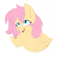 Size: 2500x2500 | Tagged: safe, artist:chickenbrony, artist:mirtash, derpibooru import, fluttershy, pegasus, pony, alternate hairstyle, cute, image, looking up, open mouth, png, simple background, smiling, solo, white background