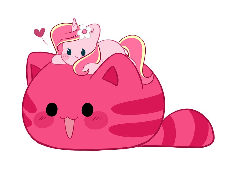 Size: 4096x3123 | Tagged: safe, artist:kittyrosie, derpibooru import, oc, oc:rosa flame, unofficial characters only, cat, pony, unicorn, blushing, chibi, crossover, flower, flower in hair, heart, image, jpeg, slime, slime rancher, smiling, solo