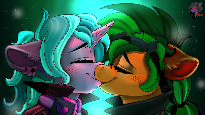 Size: 3840x2160 | Tagged: safe, artist:brainiac, derpibooru import, oc, oc:atom smasher, oc:candy chip, the sunjackers, candysmasher, fanart, female, image, kissing, lesbian, png, redraw, solo, sunjackers