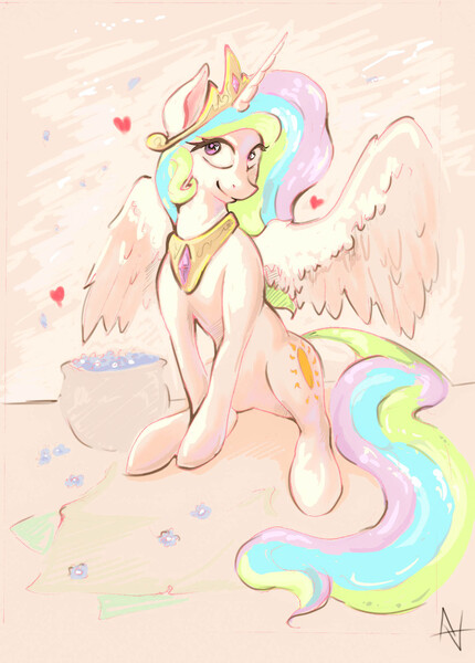 Size: 1537x2145 | Tagged: safe, artist:alexandrvirus, derpibooru import, princess celestia, alicorn, pony, flower, heart, image, jpeg, smiling, solo