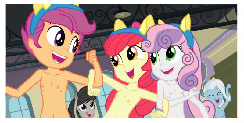 Size: 1525x769 | Tagged: questionable, banned from derpibooru, edit, edited screencap, screencap, apple bloom, octavia melody, scootaloo, sweetie belle, trixie, equestria girls, friendship games, belly button, breasts, complete nudity, cutie mark crusaders, delicious flat chest, fake ears, female, image, lolicon, nipples, nude edit, nudity, png, underage