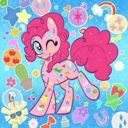 Size: 2048x2048 | Tagged: safe, artist:pfeffaroo, banned from derpibooru, deleted from derpibooru, derpibooru import, pinkie pie, earth pony, pony, applejack's cutie mark, cactus, cutie mark, fluttershy's cutie mark, image, jpeg, looking at you, one eye closed, pinkie pie's cutie mark, rainbow dash's cutie mark, rarity's cutie mark, raspberry, smiling, solo, sticker, sunglasses, tongue out, twilight sparkle's cutie mark, wink