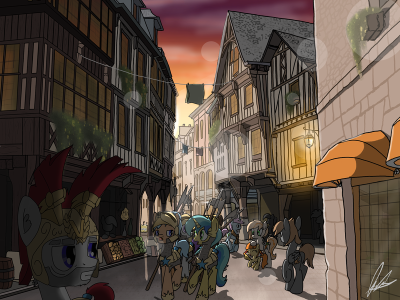 Size: 4000x3000 | Tagged: safe, artist:flaremoon, derpibooru import, oc, oc:mercury haze, earth pony, pegasus, pony, unicorn, armor, army, city, female, foal, guard, guardsmare, houses, image, male, marching, mare, market, png, royal guard, stallion, street, sunset, weapon