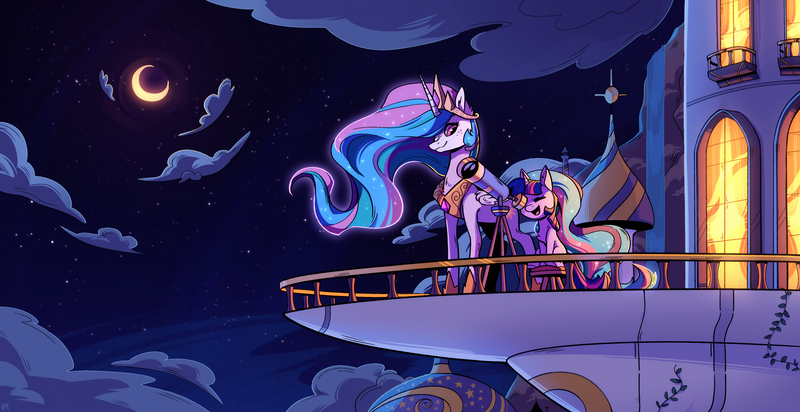 Size: 4191x2156 | Tagged: safe, artist:kaleido-art, derpibooru import, princess celestia, twilight sparkle, alicorn, pony, unicorn, adorkable, balcony, canterlot, canterlot castle, castle, cloud, cute, dork, female, filly, filly twilight sparkle, image, moon, night, png, telescope, unicorn twilight, younger