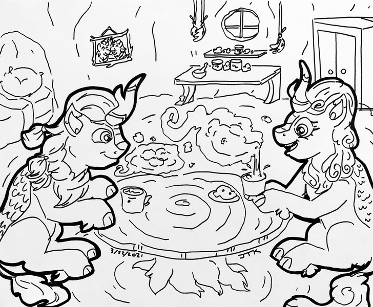 Size: 3430x2828 | Tagged: safe, derpibooru import, autumn blaze, kirin oc, oc, oc:valerian, kirin, bed, black and white, cabinet, chat, cup, food, friendship, grayscale, herbalist, herbs, horn, house, image, jpeg, magic, monochrome, picture frame, pouring, scone, sketch, table, tea, teacup, tea party, teapot, telekinesis, traditional art, tree