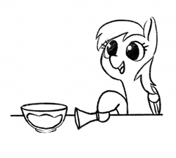 Size: 1883x1684 | Tagged: safe, artist:taytinabelle, derpibooru import, derpy hooves, pegasus, pony, 2-3 honks per cup, 4chan, animated, baking, batter, black and white, bowl, bulb horn, cooking, derpibooru exclusive, female, food, gif, grayscale, happy, honk, image, mare, monochrome, reference in the description, silly, silly pony, simple background, sketch, smiling, solo, white background