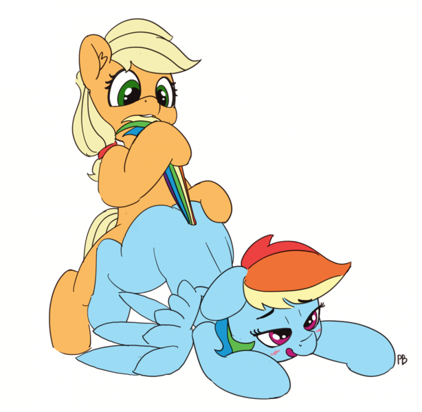 Size: 1280x1250 | Tagged: suggestive, artist:pabbley, color edit, derpibooru import, edit, editor:anonymous, applejack, rainbow dash, earth pony, pegasus, pony, appledash, bedroom eyes, bipedal, biting, blushing, colored, ear fluff, face down ass up, female, floppy ears, image, lesbian, mare, missing cutie mark, png, shipping, simple background, smiling, spread wings, tail, tail bite, tail pull, wings