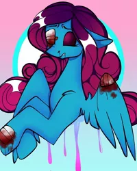 Size: 1080x1350 | Tagged: grimdark, artist:tessa_key_, derpibooru import, oc, unofficial characters only, pegasus, pony, abstract background, bandaid, blood, bust, eyelashes, female, image, injured, jpeg, mare, one eye closed, pegasus oc, solo, wings, wink