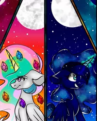 Size: 991x1239 | Tagged: safe, alternate version, artist:tessa_key_, derpibooru import, princess celestia, princess luna, alicorn, pony, bust, colored, crystal, duo, ethereal mane, eyelashes, female, full moon, galaxy mane, gem, glowing horn, grin, horn, image, jpeg, magic, mare, moon, siblings, sisters, smiling, stars, telekinesis, wings