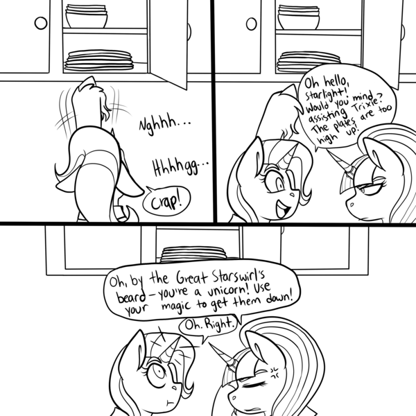 Size: 3000x3000 | Tagged: safe, artist:gingygin, derpibooru import, starlight glimmer, trixie, pony, unicorn, series:villain cafe, black and white, cabinet, comic, cross-popping veins, dialogue, duo, facehoof, female, grayscale, horn, horn ring, image, jewelry, mare, monochrome, plate, png, reaching, ring, s5 starlight, speech bubble, unshorn fetlocks