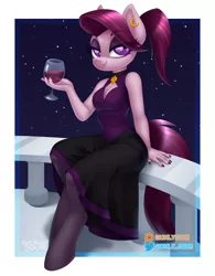 Size: 1000x1283 | Tagged: safe, artist:sickly-sour, derpibooru import, oc, oc:burgundy chalice, unofficial characters only, anthro, unguligrade anthro, alcohol, choker, clothes, eyeshadow, female, glass, image, jpeg, makeup, pantyhose, solo, wine, wine glass