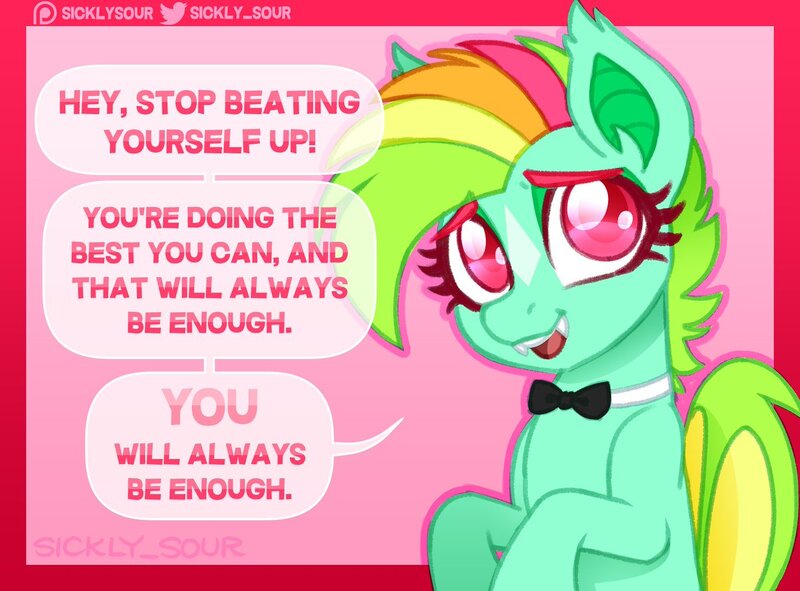 Size: 1200x887 | Tagged: safe, artist:sickly-sour, derpibooru import, oc, oc:kokomo, unofficial characters only, bat pony, pony, bowtie, female, image, jpeg, mare, motivational, solo, text