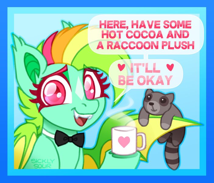 Size: 1466x1251 | Tagged: safe, artist:sickly-sour, derpibooru import, oc, oc:kokomo, unofficial characters only, bat pony, pony, bowtie, fangs, female, heart, image, jpeg, mare, motivational, mug, plushie, solo, text