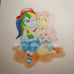 Size: 1080x1080 | Tagged: safe, artist:mmy_little_drawings, derpibooru import, fluttershy, rainbow dash, starfish, equestria girls, eyelashes, eyes closed, feet, female, flutterdash, hat, hug, image, jpeg, kneeling, lesbian, one eye closed, sandals, shipping, sitting, traditional art, watermark, wink