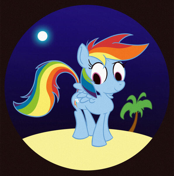 Size: 1000x1008 | Tagged: safe, artist:drojan, derpibooru import, rainbow dash, pegasus, pony, female, image, jpeg, looking down, mare, moon, night, palm tree, solo, tree