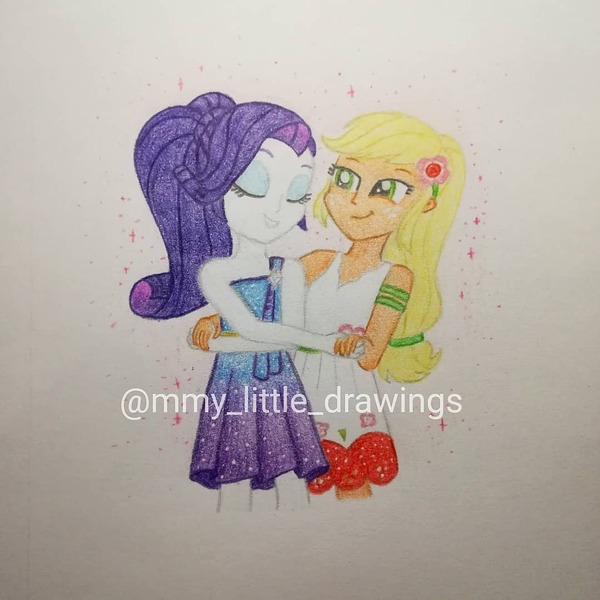 Size: 1080x1080 | Tagged: safe, artist:mmy_little_drawings, derpibooru import, applejack, rarity, equestria girls, applebetes, clothes, cute, dress, eyelashes, eyes closed, female, hug, image, jackabetes, jpeg, lesbian, raribetes, rarijack, shipping, skirt, smiling, sweet dreams fuel, traditional art, watermark