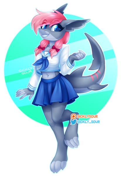 Size: 1022x1483 | Tagged: safe, artist:sickly-sour, derpibooru import, oc, unofficial characters only, anthro, original species, shark, shark pony, bow, clothes, hair bow, image, midriff, png, sharp teeth, skirt, solo, teeth