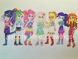 Size: 1080x819 | Tagged: safe, artist:mmy_little_drawings, derpibooru import, applejack, fluttershy, pinkie pie, rainbow dash, rarity, sci-twi, sunset shimmer, twilight sparkle, equestria girls, boots, clothes, dress, eyelashes, female, flower, flower in hair, freckles, glasses, hat, humane five, humane seven, humane six, image, jpeg, lidded eyes, obtrusive watermark, open mouth, peace sign, shoes, smiling, traditional art, visor, watermark, waving