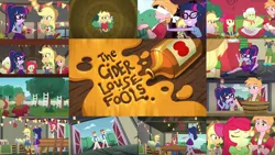 Size: 1280x720 | Tagged: safe, derpibooru import, edit, edited screencap, editor:quoterific, screencap, apple bloom, applejack, big macintosh, cheerilee, flam, flim, granny smith, sci-twi, scootaloo, twilight sparkle, equestria girls, equestria girls series, holidays unwrapped, spoiler:eqg series (season 2), apple, apple bloom's bow, applejack's hat, belt, boots, bow, bowtie, cider, clothes, cowboy boots, cowboy hat, cutie mark, cutie mark on clothes, denim skirt, eyes closed, female, flim flam brothers, food, geode of super strength, geode of telekinesis, glasses, hair bow, hat, image, jewelry, magical geodes, male, necklace, png, ponytail, shoes, skirt, smiling, sweet apple acres barn, the cider louse fools, tree