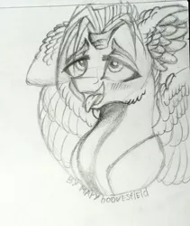 Size: 863x1024 | Tagged: safe, artist:maryhoovesfield, derpibooru import, oc, unofficial characters only, pegasus, pony, ahegao, ear fluff, eyelashes, eyes rolling back, female, grayscale, image, jpeg, mare, monochrome, open mouth, pegasus oc, signature, smiling, solo, tongue out, traditional art, wings