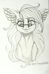 Size: 683x1024 | Tagged: safe, artist:maryhoovesfield, derpibooru import, oc, unofficial characters only, earth pony, pony, :p, bust, ear fluff, earth pony oc, eyelashes, female, grayscale, image, jpeg, mare, monochrome, signature, smiling, solo, tongue out, traditional art