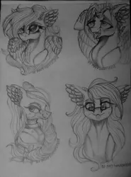 Size: 758x1024 | Tagged: safe, artist:maryhoovesfield, derpibooru import, oc, unofficial characters only, earth pony, pegasus, pony, :p, ahegao, chest fluff, choker, ear fluff, ear piercing, earring, earth pony oc, eyelashes, eyes rolling back, female, glasses, grayscale, image, jewelry, jpeg, mare, monochrome, open mouth, pegasus oc, piercing, signature, smiling, tongue out, traditional art, wings