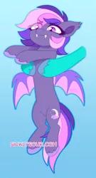 Size: 615x1143 | Tagged: safe, artist:sickly-sour, derpibooru import, oc, oc:midnight mist, unofficial characters only, bat pony, pony, bat pony oc, bat wings, eye clipping through hair, fangs, female, holding a pony, image, jpeg, longcat, mare, unshorn fetlocks, wings
