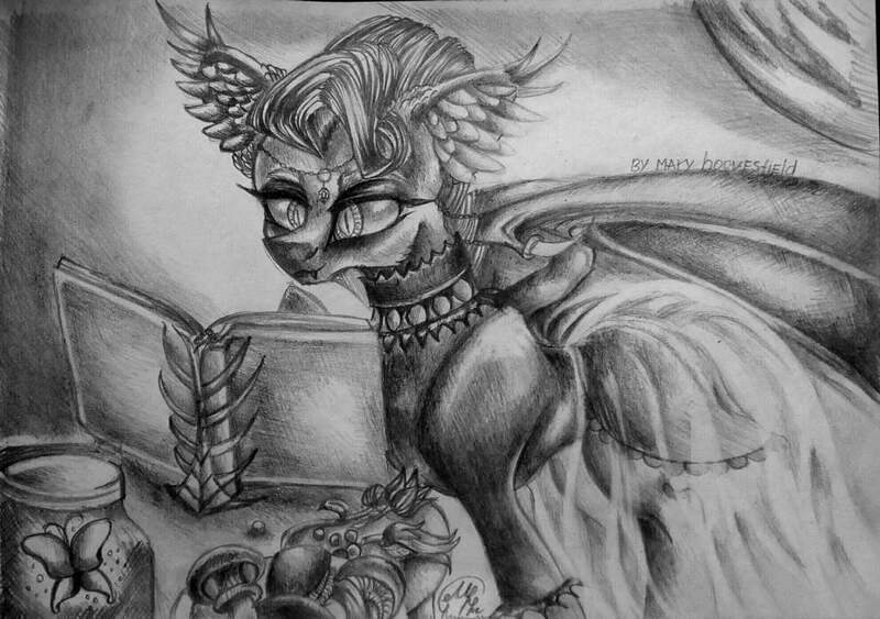 Size: 1024x720 | Tagged: safe, artist:maryhoovesfield, derpibooru import, oc, unofficial characters only, bat pony, pony, bat pony oc, bat wings, book, clothes, dress, ear fluff, eyelashes, female, grayscale, image, jpeg, mare, monochrome, reading, signature, solo, traditional art, wings