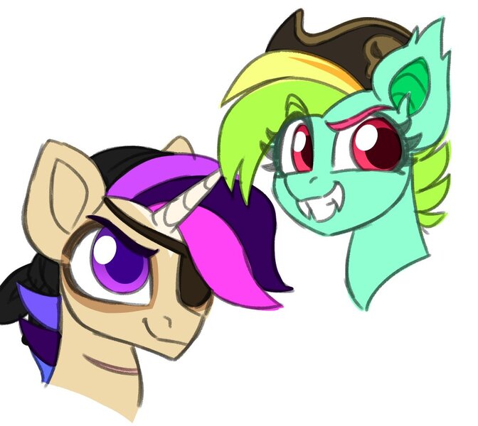 Size: 1000x893 | Tagged: safe, artist:sickly-sour, derpibooru import, oc, oc:kokomo, oc:technicolor, unofficial characters only, bat pony, pony, unicorn, eyepatch, fangs, female, hat, image, jpeg, mare, pirate hat