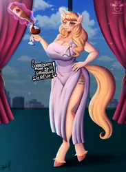 Size: 2200x3000 | Tagged: safe, artist:hinatawolf, banned from derpibooru, deleted from derpibooru, derpibooru import, oc, oc:taralicious, unofficial characters only, anthro, unguligrade anthro, alcohol, big breasts, breasts, building, cleavage, clothes, curtains, dress, female, glass, high res, image, jpeg, levitation, magic, magic aura, one eye closed, side slit, signature, sparkles, telekinesis, window, wine glass, wink