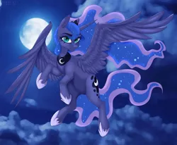 Size: 1676x1380 | Tagged: safe, artist:artistgunya, artist:gunya, derpibooru import, princess luna, alicorn, pony, cloud, constellation, ethereal mane, female, flying, full moon, head turned, image, jpeg, looking at you, mare, moon, night, solo, spread wings, starry mane, wings