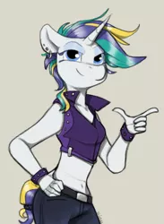 Size: 828x1133 | Tagged: safe, artist:sinrar, derpibooru import, rarity, anthro, unicorn, alternate hairstyle, clothes, ear piercing, earring, image, jewelry, jpeg, lidded eyes, midriff, pants, piercing, punk, raripunk, smiling, solo, vest