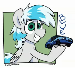 Size: 2944x2676 | Tagged: safe, artist:coaldustthestrange, derpibooru import, oc, unofficial characters only, pegasus, pony, car, image, jpeg, looking at you, smile grin, solo, toy