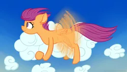 Size: 3150x1785 | Tagged: safe, artist:chipwanderer, derpibooru import, scootaloo, pegasus, pony, cloud, female, filly, flying, gradient background, image, png, sky, solo, wings