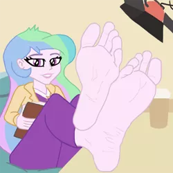 Size: 1280x1280 | Tagged: suggestive, artist:red2870, derpibooru import, princess celestia, human, equestria girls, barefoot, coffee, crossed legs, feet, feet on table, feet up, fetish, foot fetish, foot focus, image, light, looking at you, png, principal celestia, sitting, soles, toes