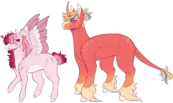 Size: 1920x1146 | Tagged: safe, artist:sleepy-nova, derpibooru import, oc, unofficial characters only, classical unicorn, pegasus, unicorn, arrow, blank flank, cloven hooves, duo, freckles, hair over eyes, heart arrow, image, leonine tail, magical gay spawn, magical lesbian spawn, offspring, parent:big macintosh, parent:shining armor, parents:cadancepie, parents:shiningmac, png, shoulder freckles, simple background, transparent background, unshorn fetlocks