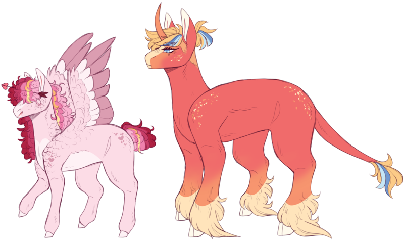 Size: 3600x2147 | Tagged: safe, artist:sleepy-nova, derpibooru import, oc, unofficial characters only, classical unicorn, pegasus, unicorn, arrow, blank flank, cloven hooves, duo, freckles, hair over eyes, heart arrow, image, leonine tail, magical gay spawn, magical lesbian spawn, offspring, parent:big macintosh, parent:shining armor, parents:cadancepie, parents:shiningmac, png, shoulder freckles, simple background, transparent background, unshorn fetlocks