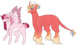 Size: 3600x2147 | Tagged: safe, artist:sleepy-nova, derpibooru import, oc, unofficial characters only, classical unicorn, pegasus, unicorn, arrow, blank flank, cloven hooves, duo, freckles, hair over eyes, heart arrow, image, leonine tail, magical gay spawn, magical lesbian spawn, offspring, parent:big macintosh, parent:shining armor, parents:cadancepie, parents:shiningmac, png, shoulder freckles, simple background, transparent background, unshorn fetlocks