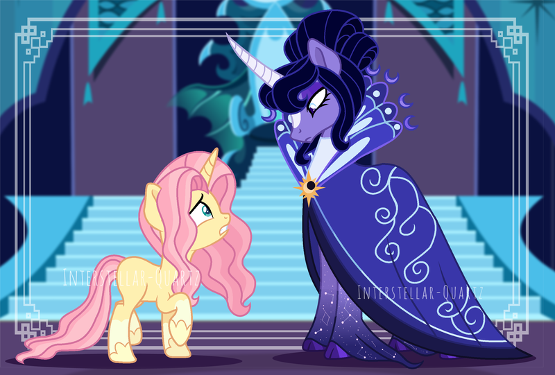 Size: 2492x1684 | Tagged: safe, artist:interstellar-quartz, derpibooru import, fluttershy, princess luna, pony, alternate design, cloak, clothes, image, png, unicorn fluttershy