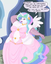 Size: 800x1008 | Tagged: safe, artist:professordoctorc, derpibooru import, princess celestia, anthro, bbw, belly button, bellyring, big breasts, breasts, canterlot, chubbylestia, cleavage, clothes, dress, ear piercing, earring, fat, image, jewelry, lipstick, piercing, png, ssbbw, talking to viewer