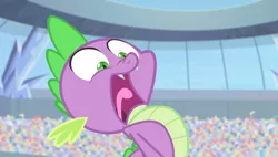 Size: 1266x720 | Tagged: safe, derpibooru import, screencap, spike, equestria games (episode), equestria games, image, inhaling, open mouth, png, solo