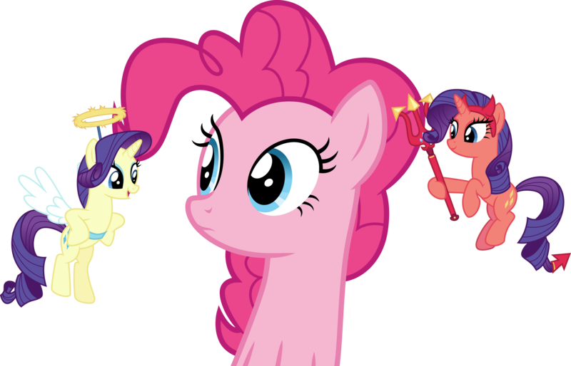 Size: 4670x3000 | Tagged: safe, artist:cloudyglow, derpibooru import, pinkie pie, rarity, the saddle row review, angel rarity, devil rarity, image, png, vector