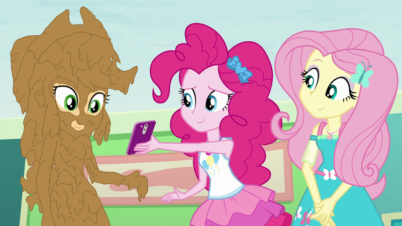 Size: 1920x1080 | Tagged: safe, artist:amateur-draw, derpibooru import, edit, edited screencap, screencap, applejack, fluttershy, pinkie pie, human, equestria girls, equestria girls series, clothes, covered in mud, dress, female, image, messy, mud, mud edit, muddy, phone, png, show accurate, skirt, wet and messy