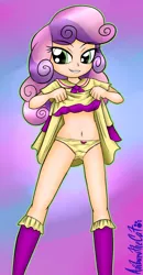 Size: 1150x2212 | Tagged: suggestive, artist:anibaruthecat, banned from derpibooru, edit, sweetie belle, human, abstract background, boots, clothes, dress, dress lift, female, flashing, human coloration, human edit, humanized, image, lolicon, looking at you, panties, png, shoes, smiling, solo, solo female, underage, underwear