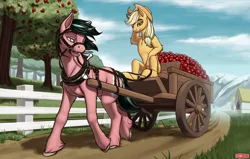 Size: 2550x1623 | Tagged: safe, artist:wwredgrave, derpibooru import, applejack, oc, oc:sibony, earth pony, unicorn, apple, apple farm, apple tree, canon x oc, carriage, cowgirl, farm, farmer, female, food, harness, image, jpeg, male, ponyville, tack, tree, wagon, walking